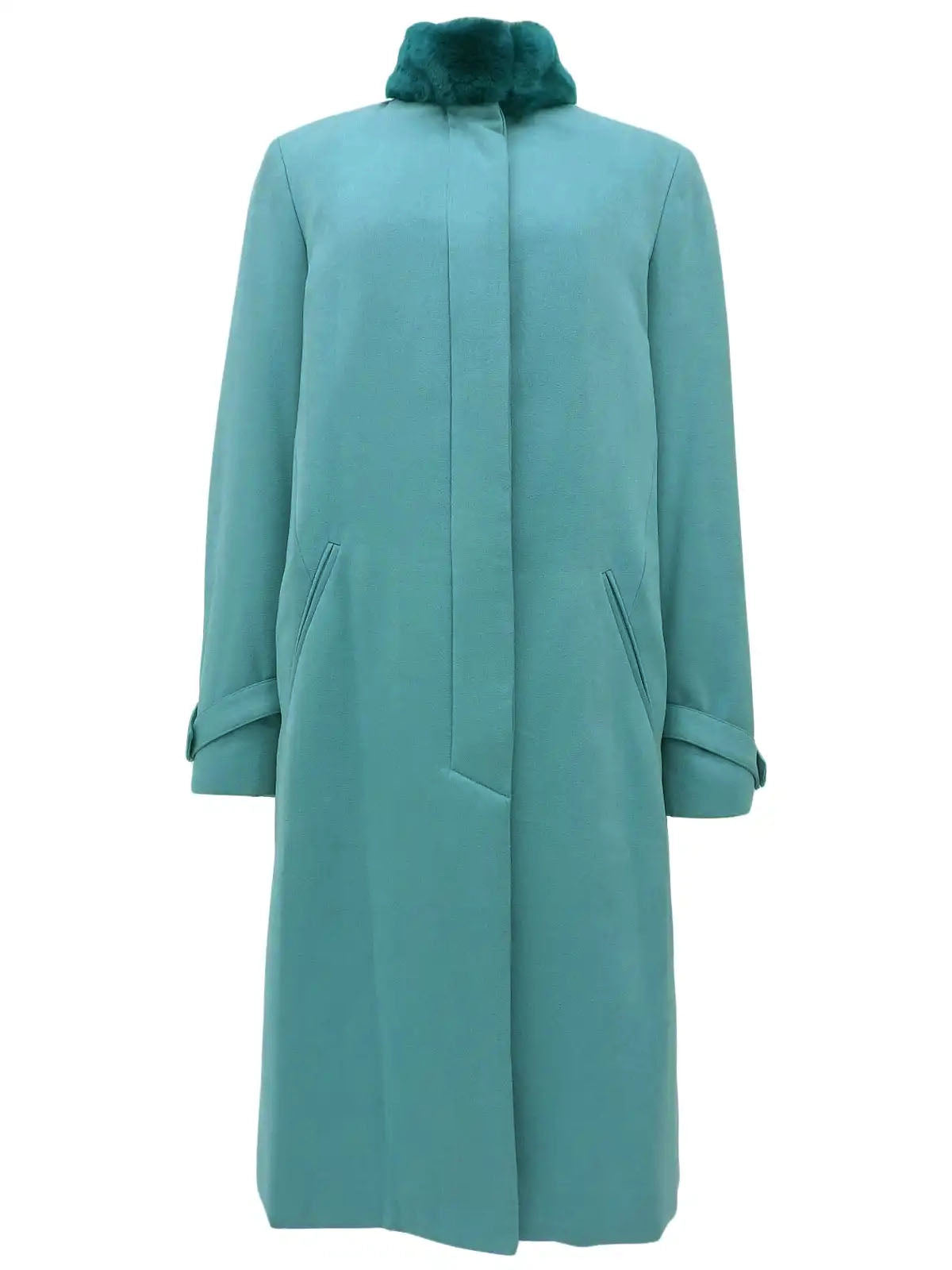 Logo Button Stand Collar Long Coat Turquoise Blue