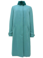 Logo Button Stand Collar Long Coat Turquoise Blue
