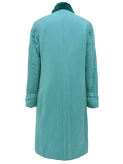 Logo Button Stand Collar Long Coat Turquoise Blue