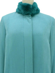 Logo Button Stand Collar Long Coat Turquoise Blue