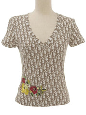 Flower Embroidered Trotter Logo Half Sleeve Top in Brown/White