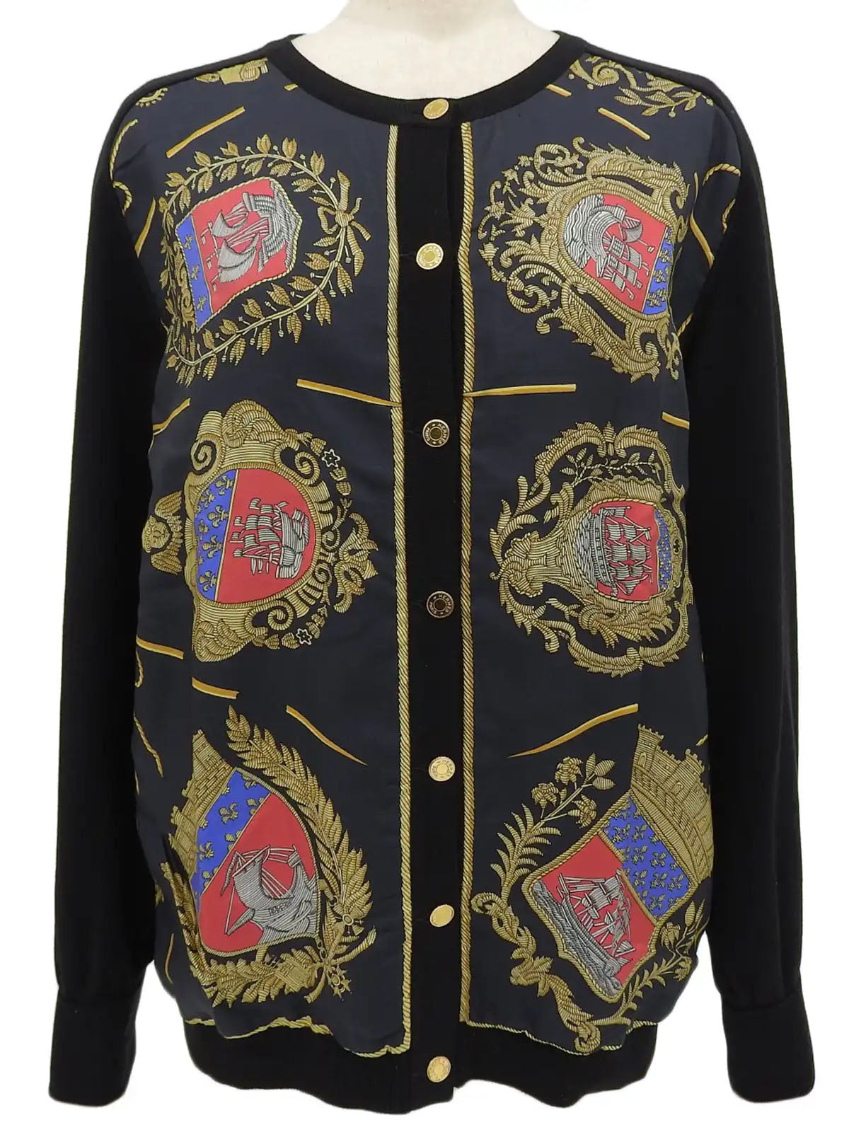 Silk knit combination design pattern cardigan in black/multi