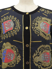 Silk knit combination design pattern cardigan in black/multi
