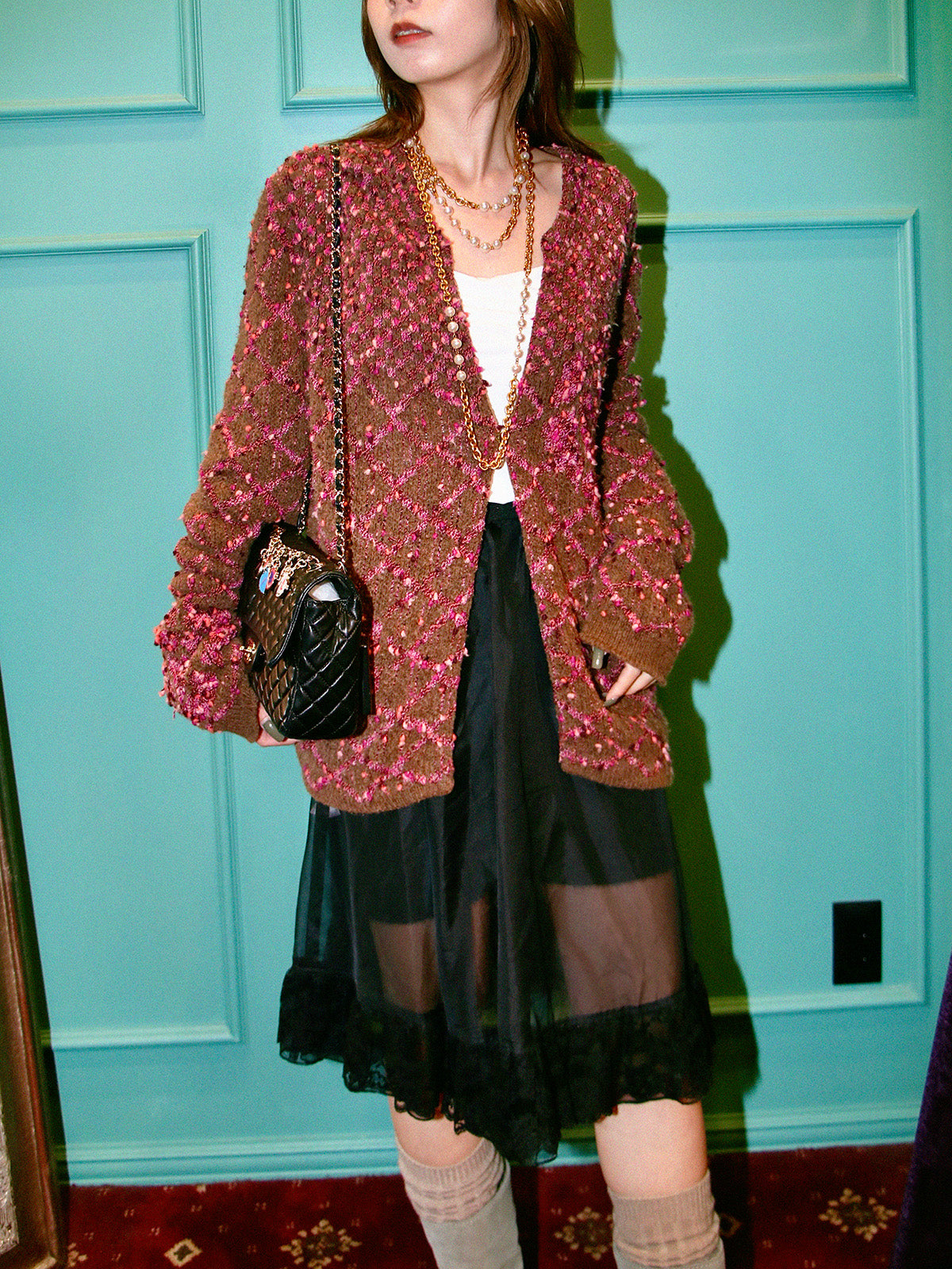 2001 Camellia COCO logo cardigan in brown/pink