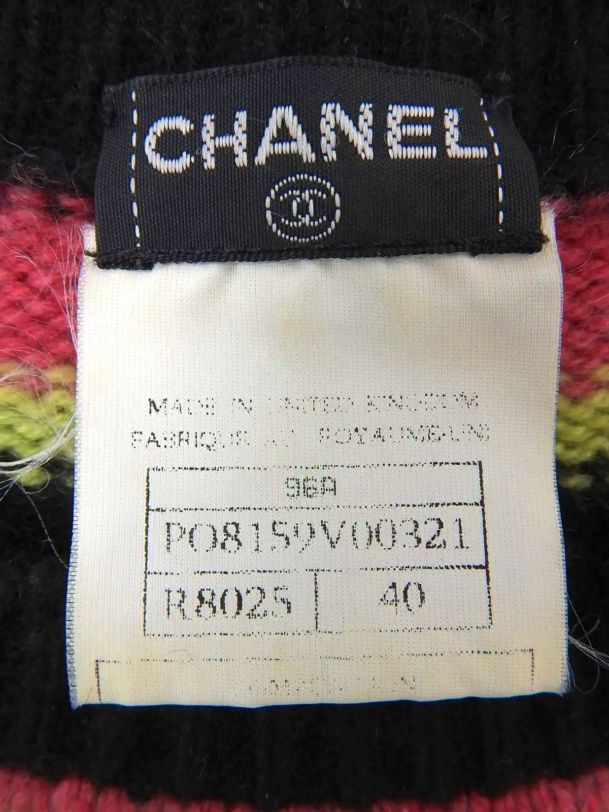 1996年製　カシミアボーダーパターンCCマーク刺繍ニットセーター　ピンク／ブラック／ライトグリーン