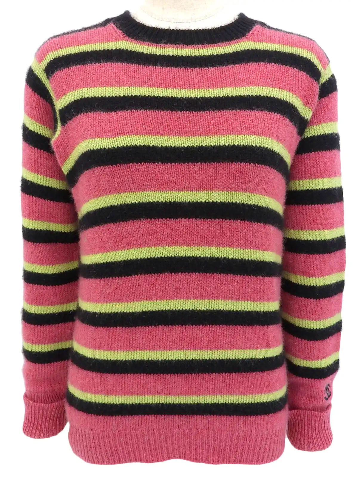1996年製　カシミアボーダーパターンCCマーク刺繍ニットセーター　ピンク／ブラック／ライトグリーン