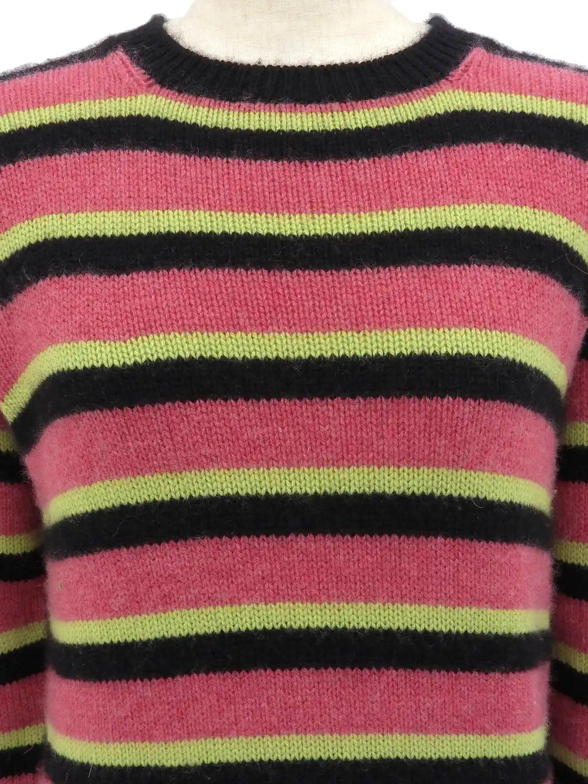 1996年製　カシミアボーダーパターンCCマーク刺繍ニットセーター　ピンク／ブラック／ライトグリーン