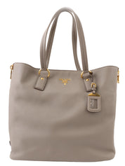 Leather logo plate tote bag in grey