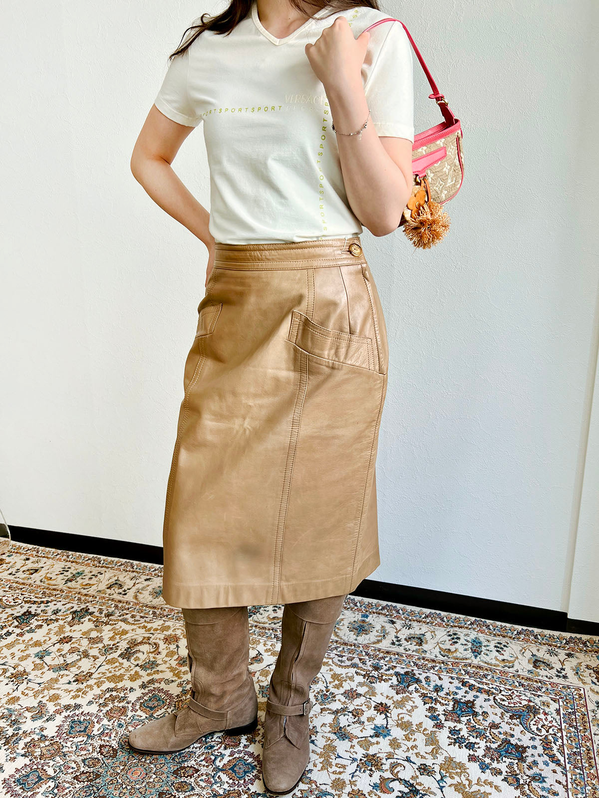 Beige Leather Anagram Button Tight Skirt