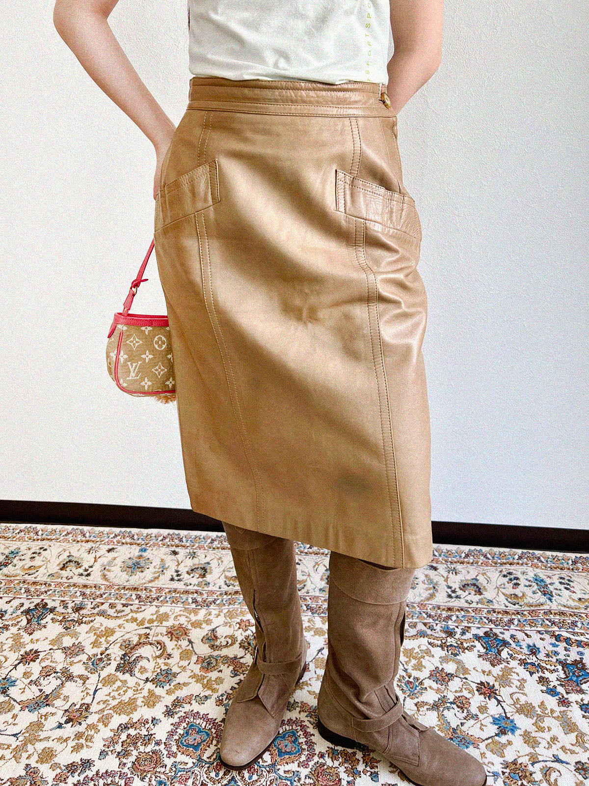 Beige Leather Anagram Button Tight Skirt