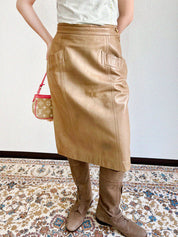 Beige Leather Anagram Button Tight Skirt