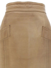 Beige Leather Anagram Button Tight Skirt