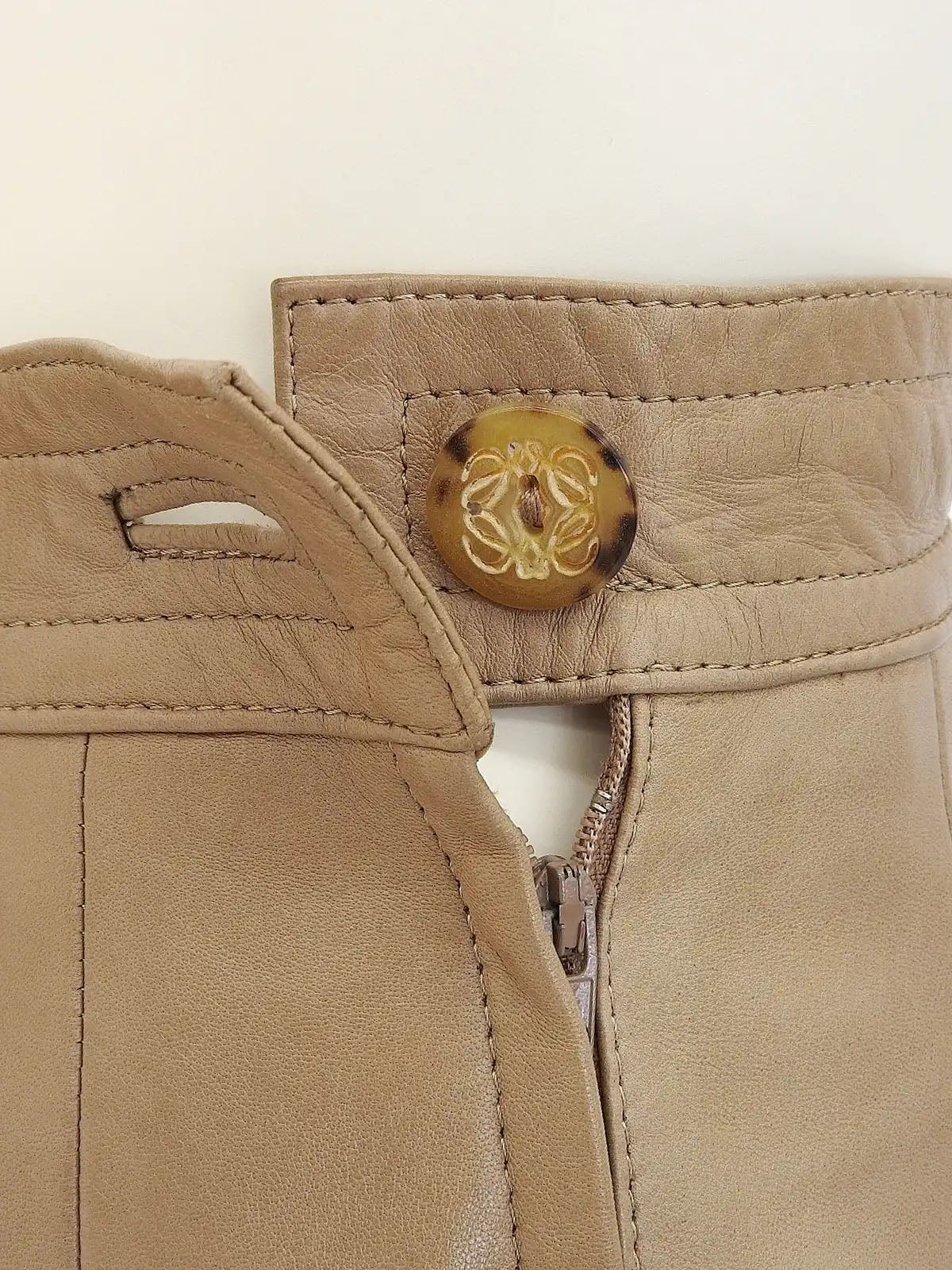 Beige Leather Anagram Button Tight Skirt