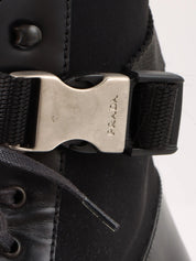 Nylon and leather combination logo belt boots in black