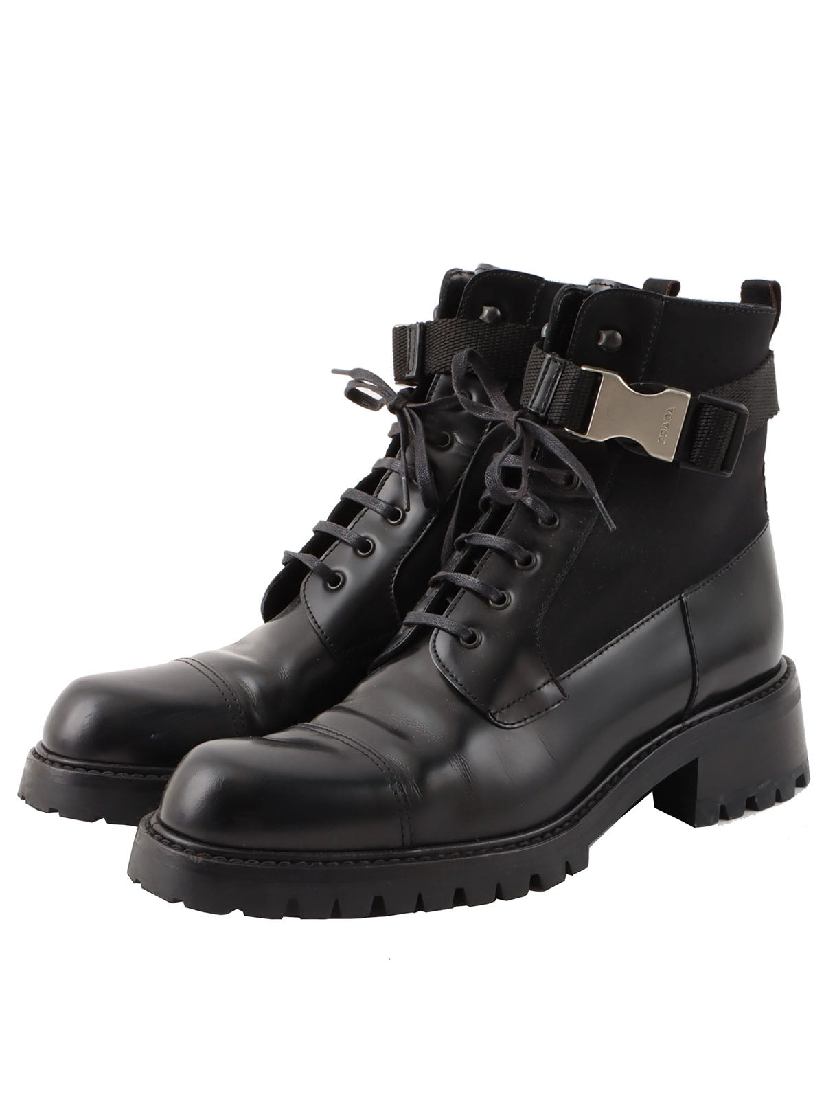 Nylon and leather combination logo belt boots in black