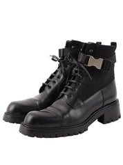 Nylon and leather combination logo belt boots in black