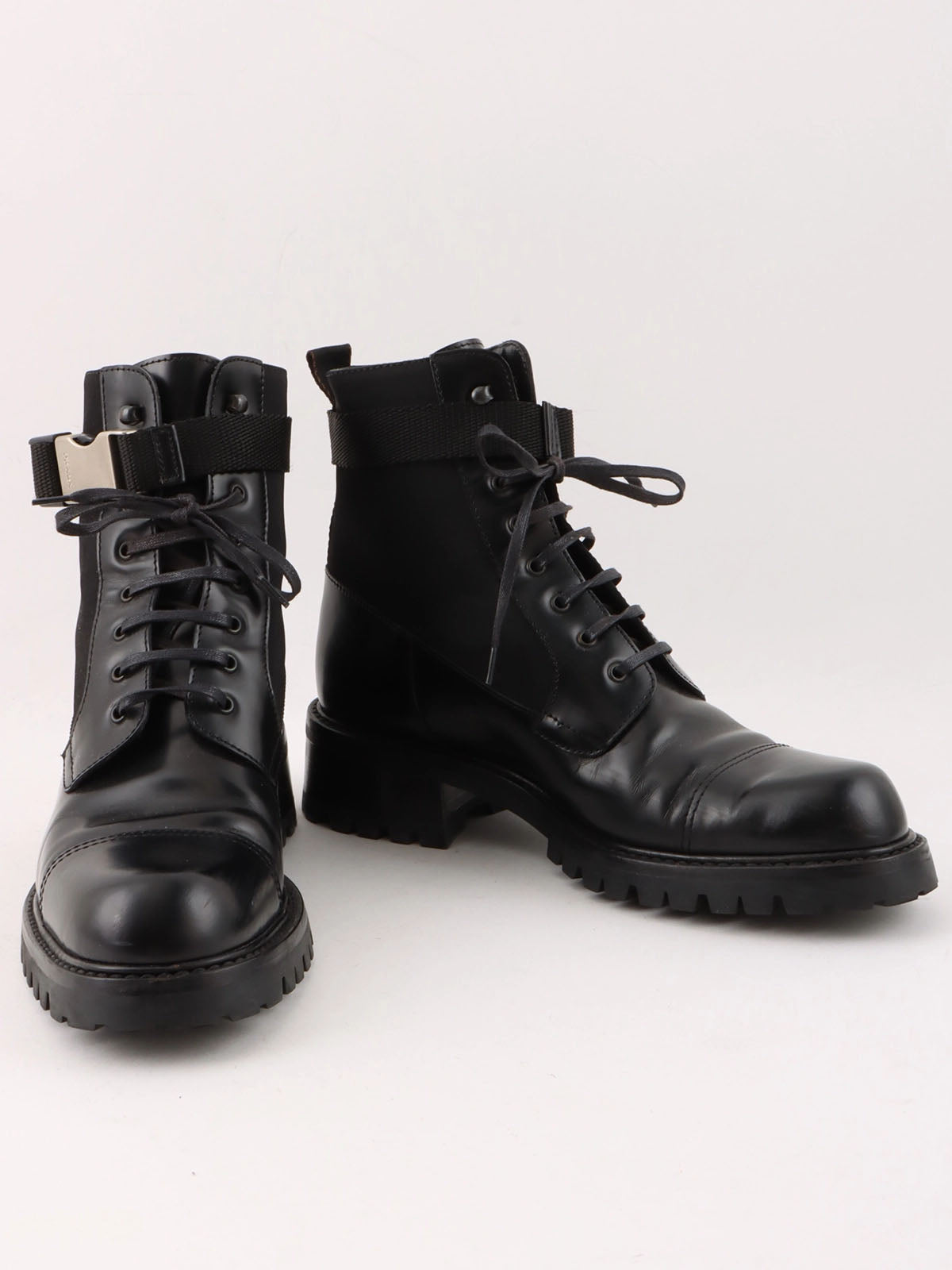 Nylon and leather combination logo belt boots in black