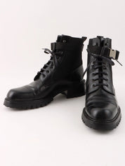 Nylon and leather combination logo belt boots in black