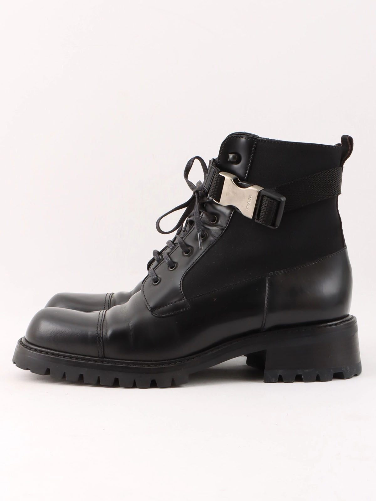 Nylon and leather combination logo belt boots in black