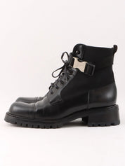 Nylon and leather combination logo belt boots in black