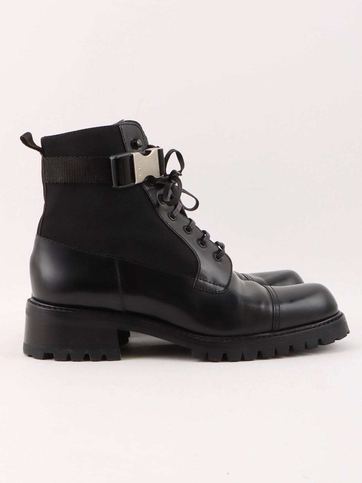 Nylon and leather combination logo belt boots in black
