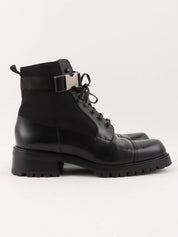 Nylon and leather combination logo belt boots in black
