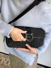 Gancini Plate Shoulder Bag in Black