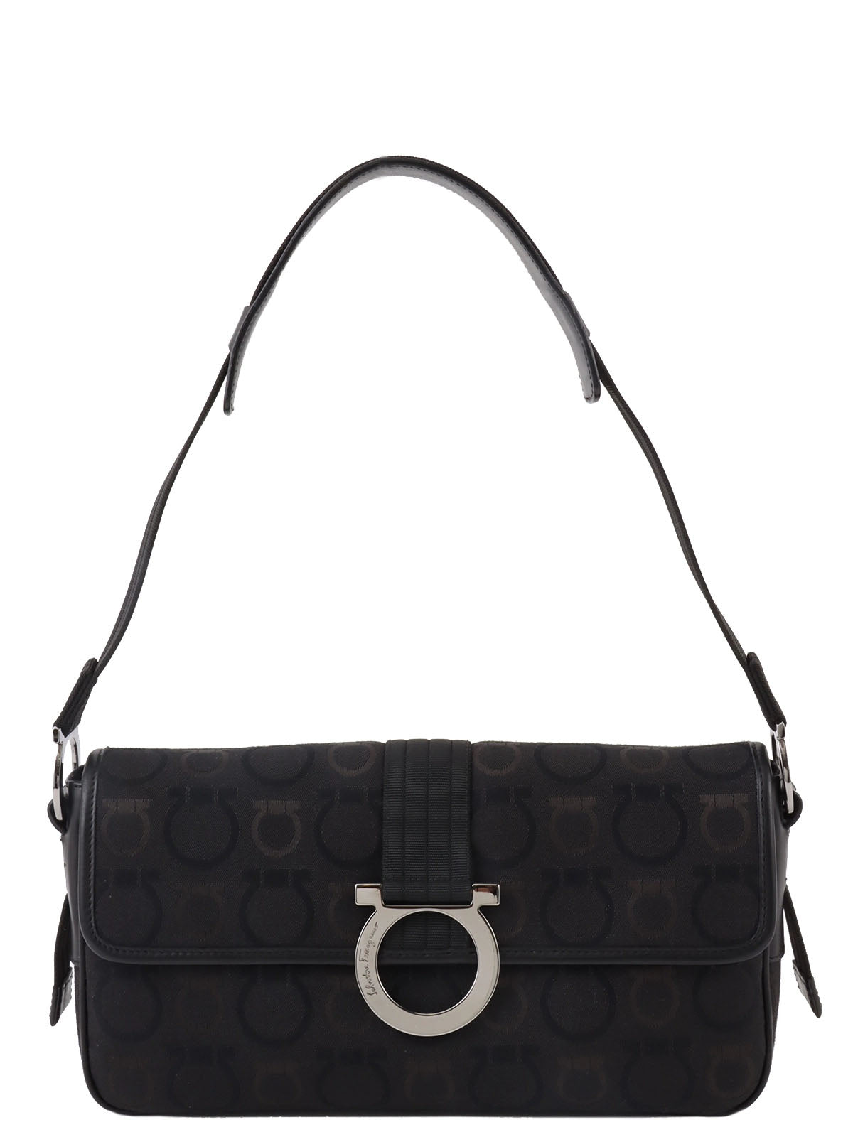 Gancini Plate Shoulder Bag in Black