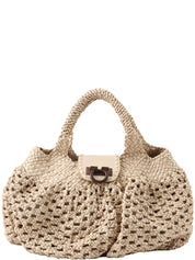 Beige Wood Gancini Plate Crochet Bag
