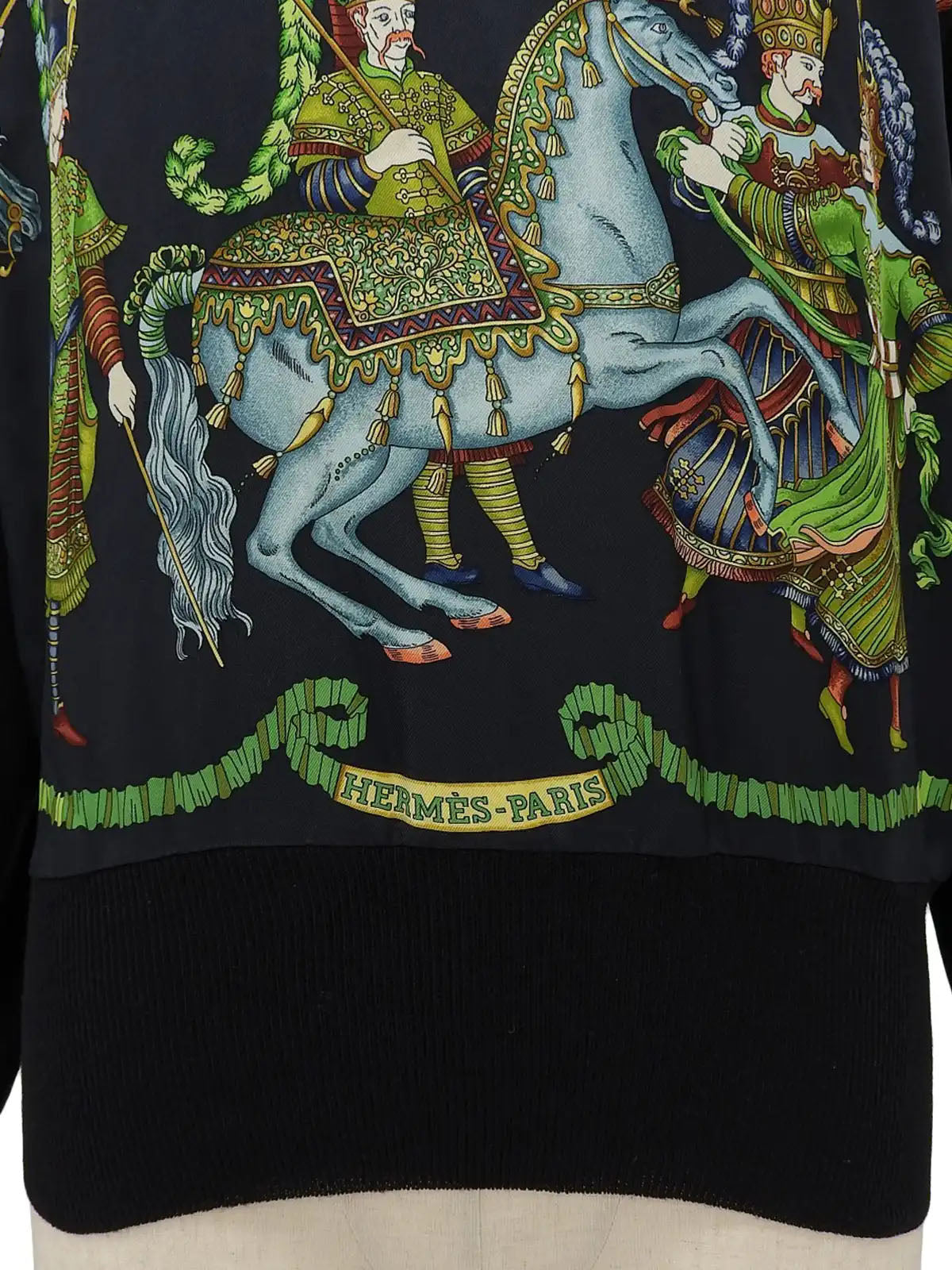 Silk knit combination design pattern long sleeve shirt in black/multi