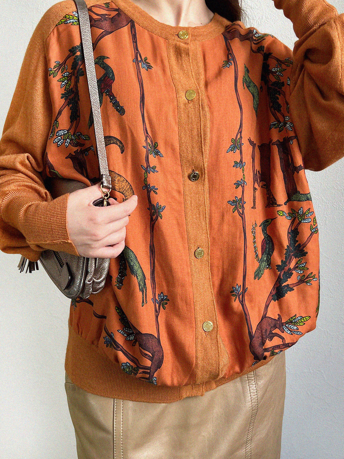 Cashmere and Silk Combination Animal Pattern Cardigan in Camel