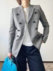 Wool and leather button double-breasted jacket in grey