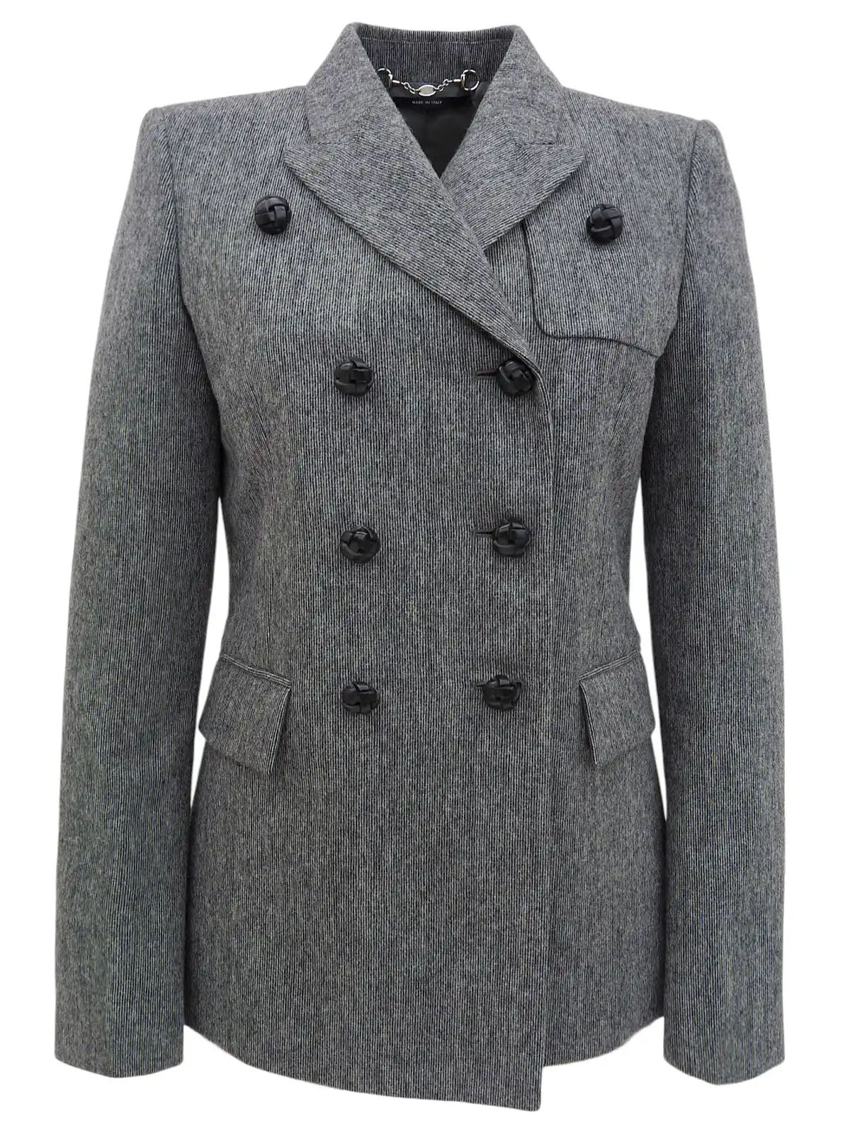 Wool and leather button double-breasted jacket in grey