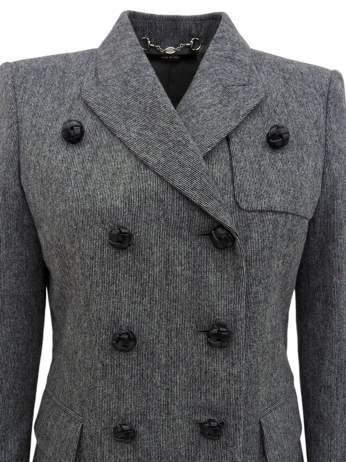 Wool and leather button double-breasted jacket in grey