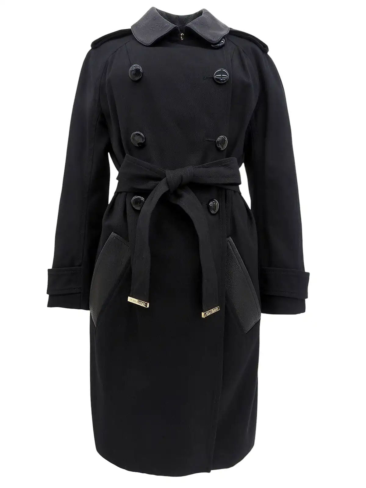 Cotton and leather combination long coat in black