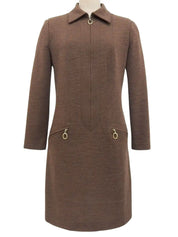 Brown wool oval zip-up long sleeve dress