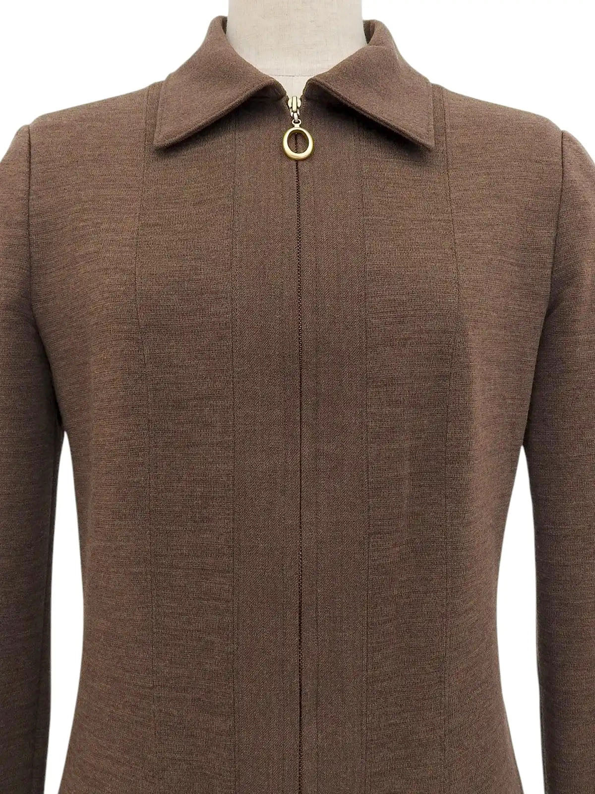 Brown wool oval zip-up long sleeve dress