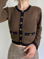 1994 Cashmere Two-Tone CC Mark Button Cardigan in Dark Brown/Black