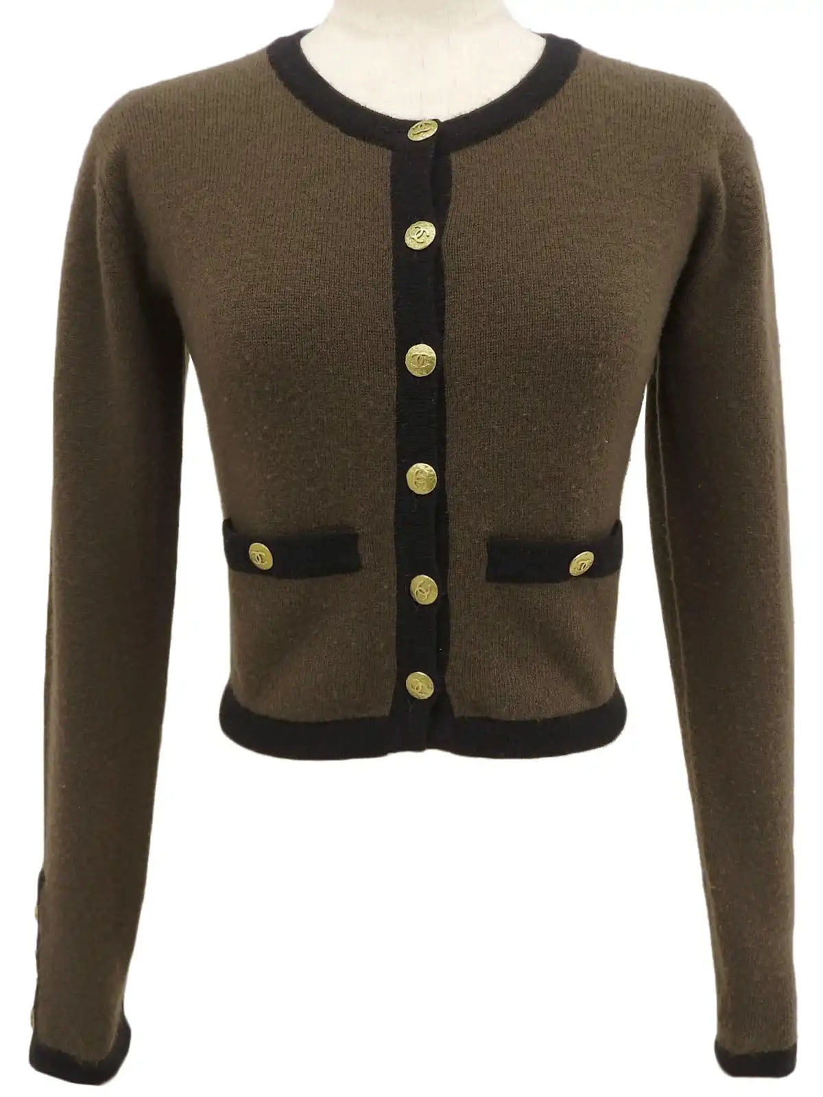 1994年製 カシミアバイカラーCCマークボタンカーディガン ダークブラウン/ブラック