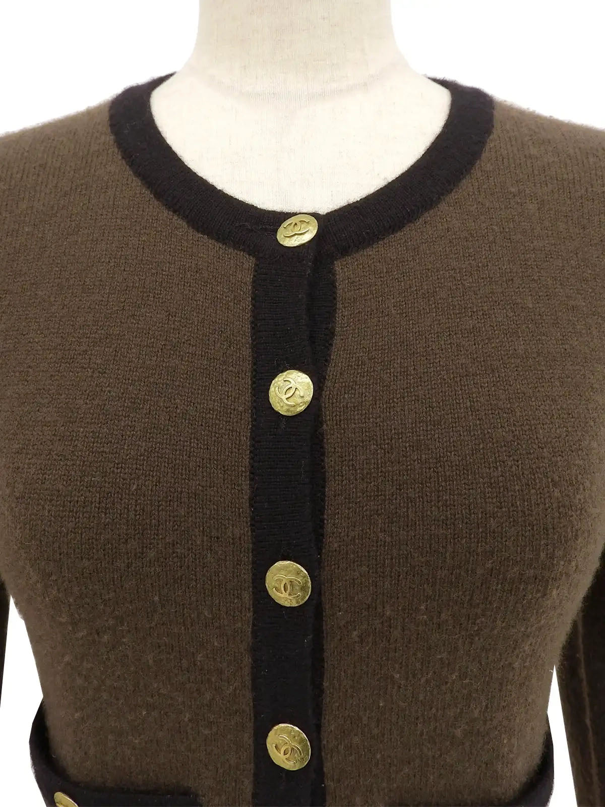 1994年製 カシミアバイカラーCCマークボタンカーディガン ダークブラウン/ブラック
