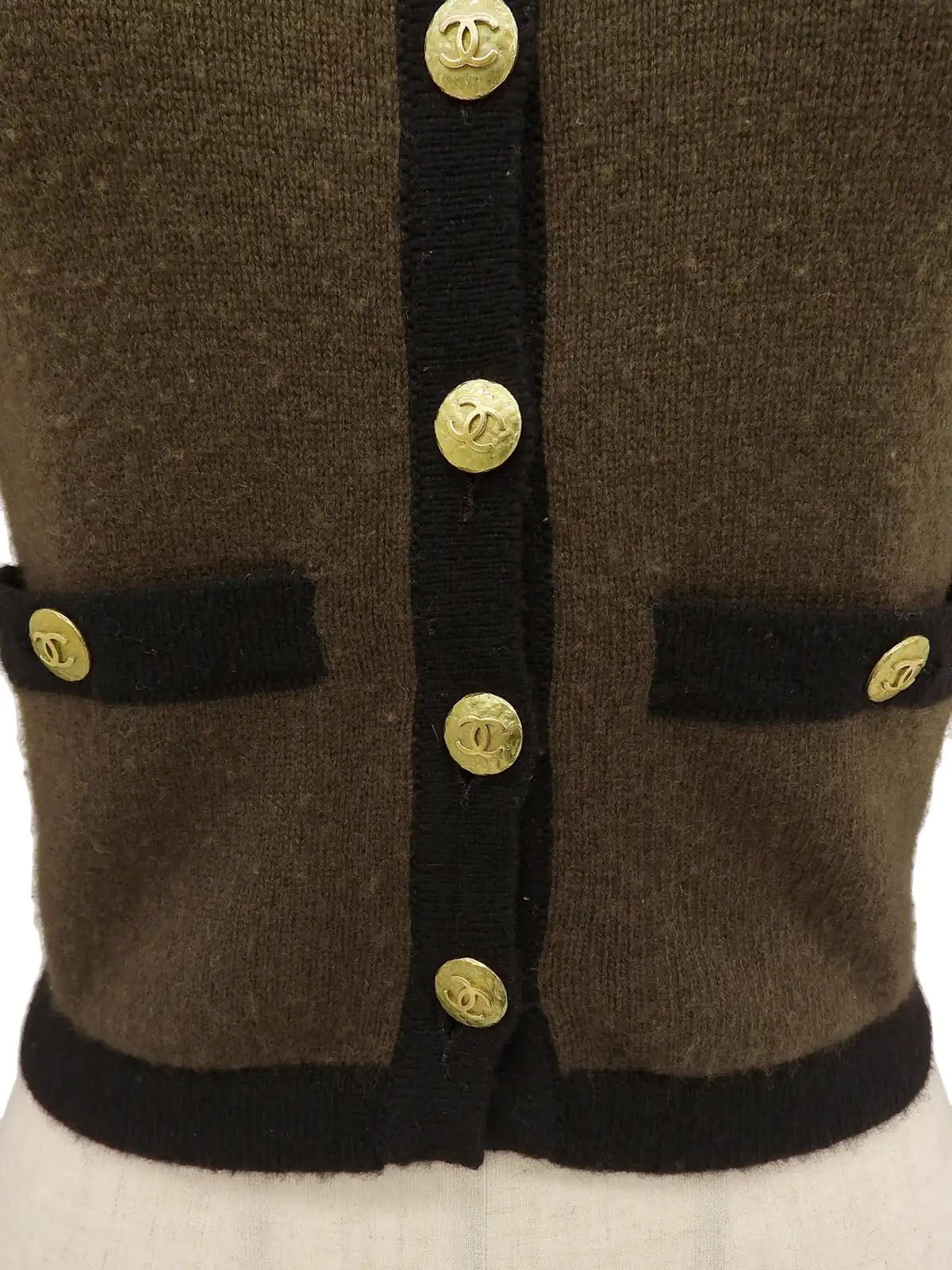 1994 Cashmere Two-Tone CC Mark Button Cardigan in Dark Brown/Black