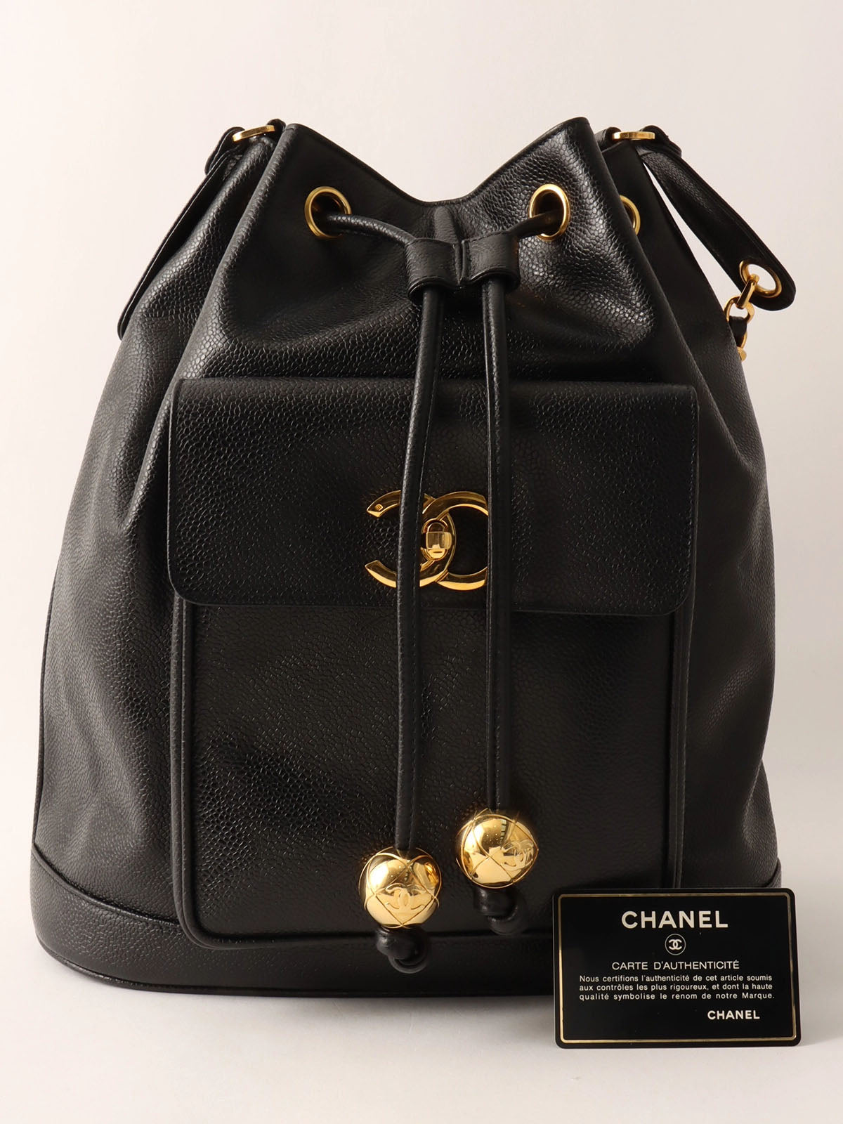 1995年頃製　キャビアスキンCCターンロックプレートポーチ付き巾着ショルダーバッグ　ブラック