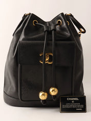 1995年頃製　キャビアスキンCCターンロックプレートポーチ付き巾着ショルダーバッグ　ブラック