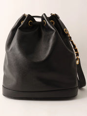 1995年頃製　キャビアスキンCCターンロックプレートポーチ付き巾着ショルダーバッグ　ブラック