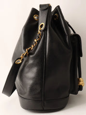 1995年頃製　キャビアスキンCCターンロックプレートポーチ付き巾着ショルダーバッグ　ブラック