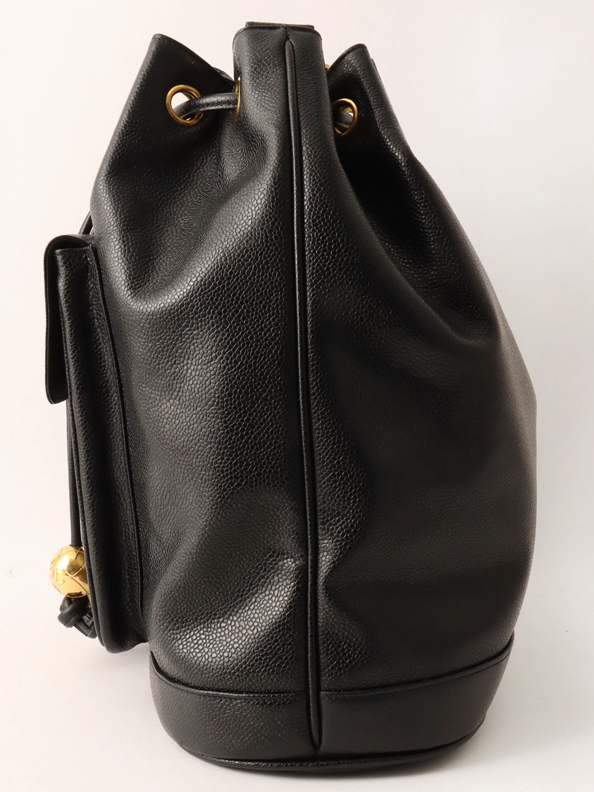 1995年頃製　キャビアスキンCCターンロックプレートポーチ付き巾着ショルダーバッグ　ブラック