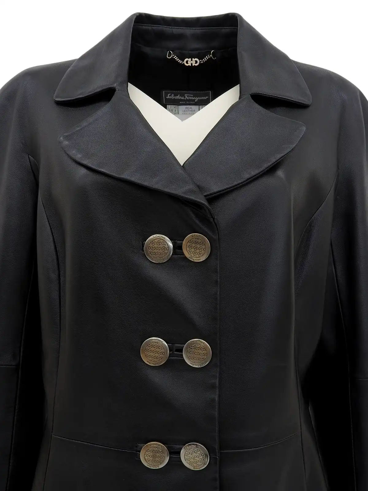 Real Leather Logo Button Jacket in Black