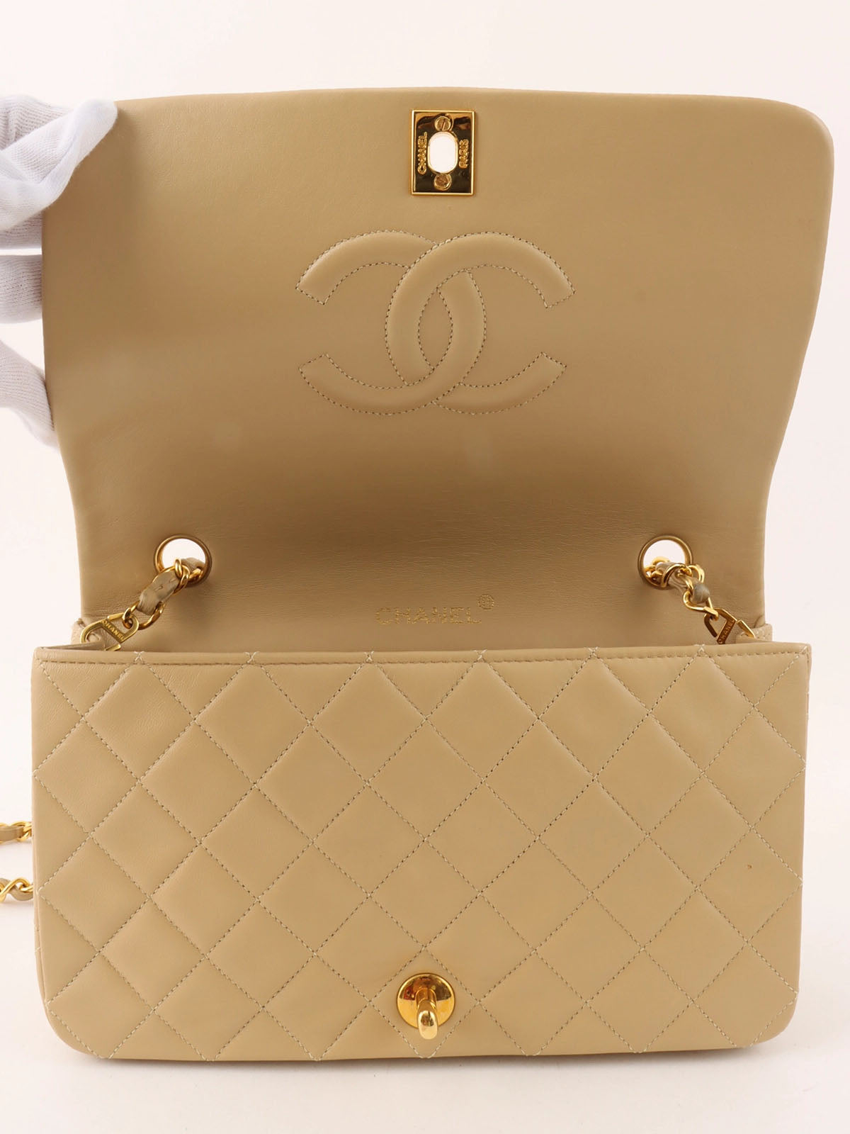 1990s Full Flap Chain Bag, 23cm, Beige