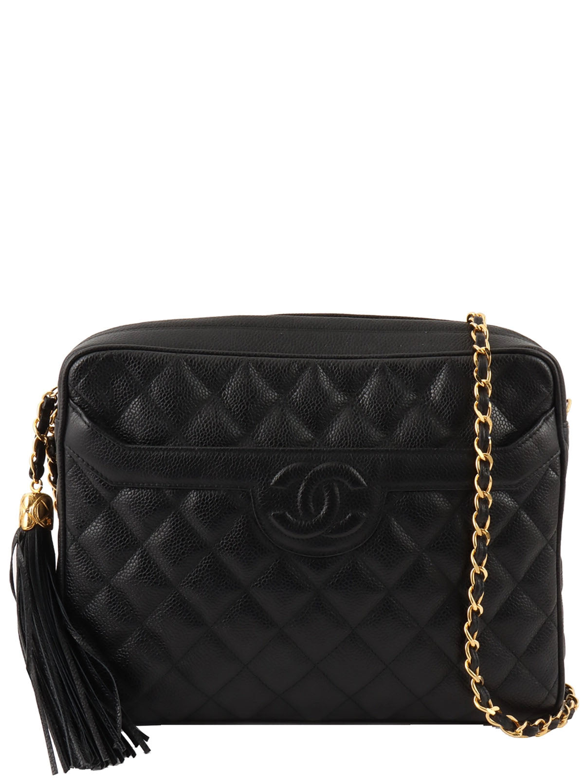 1992 Caviar Skin Matelasse CC Mark Stitch Tassel Chain Shoulder Bag in Black