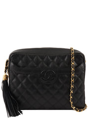 1992 Caviar Skin Matelasse CC Mark Stitch Tassel Chain Shoulder Bag in Black